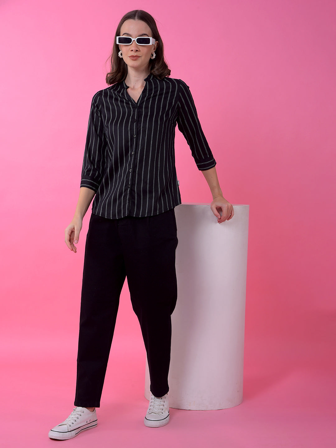 Black Vertical Stripes V-Neck Shirt
