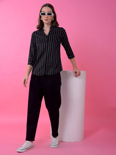 Black Vertical Stripes V-Neck Shirt