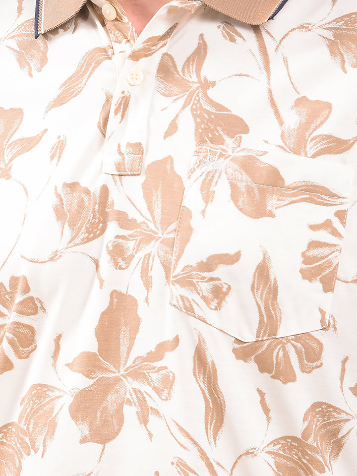 Beige Floral Print Polo Neck T-Shirt