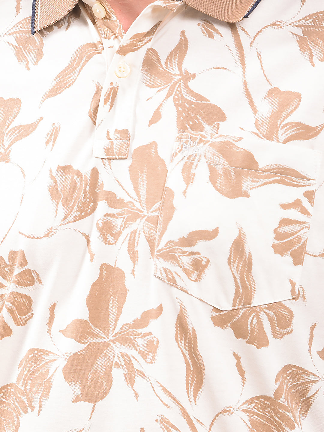 Beige Floral Print Polo Neck T-Shirt