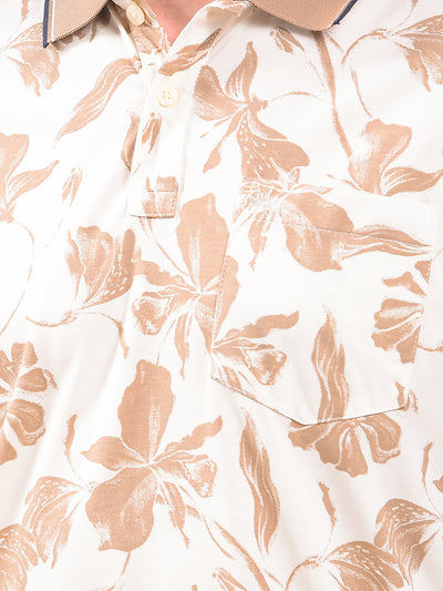 Beige Floral Print Polo Neck T-Shirt