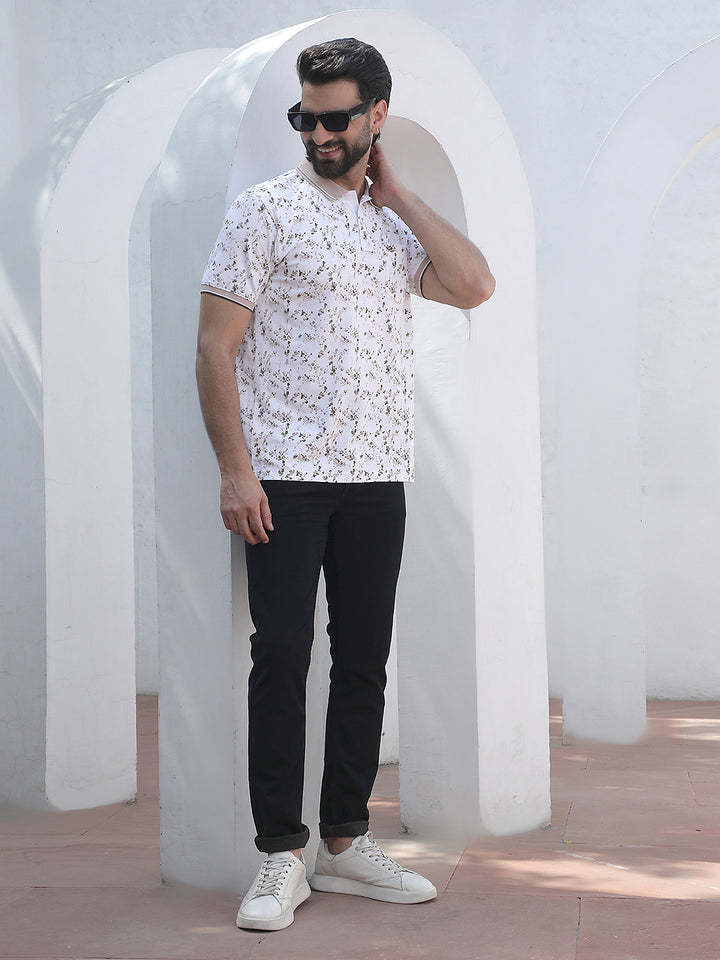 Beige Printed Polo Neck T-Shirt