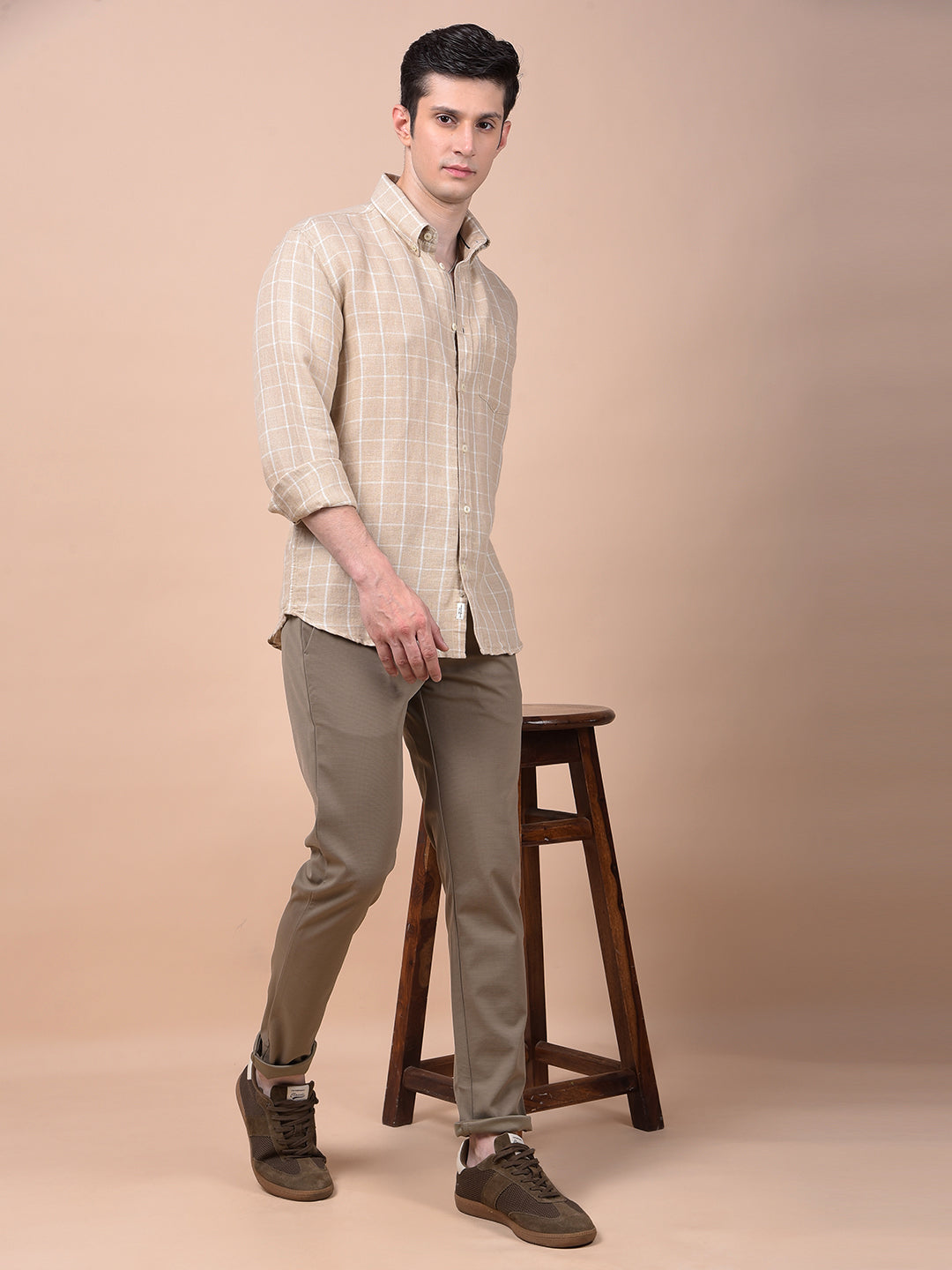 Beige Checked 100% Cotton Shirt