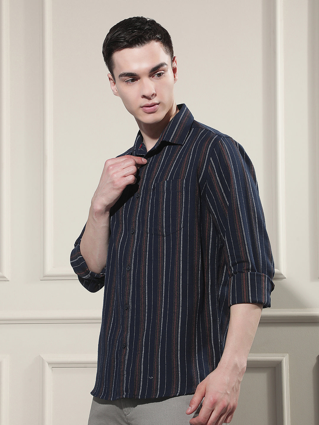 Navy Blue Vertical Stripes 100% Cotton Shirt