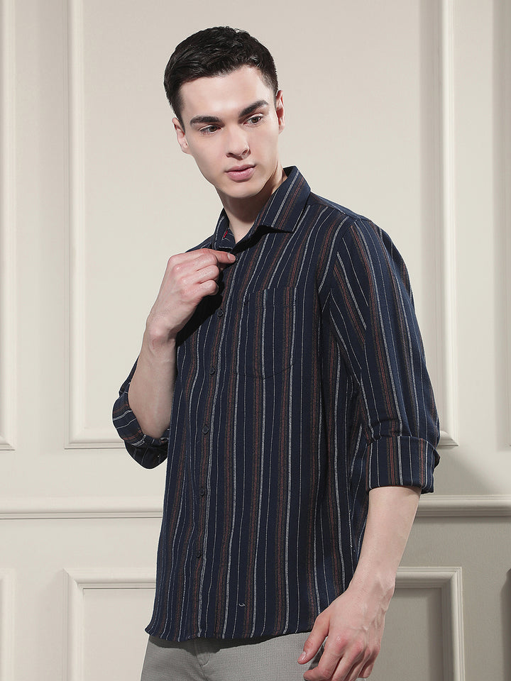 Navy Blue Vertical Stripes 100% Cotton Shirt