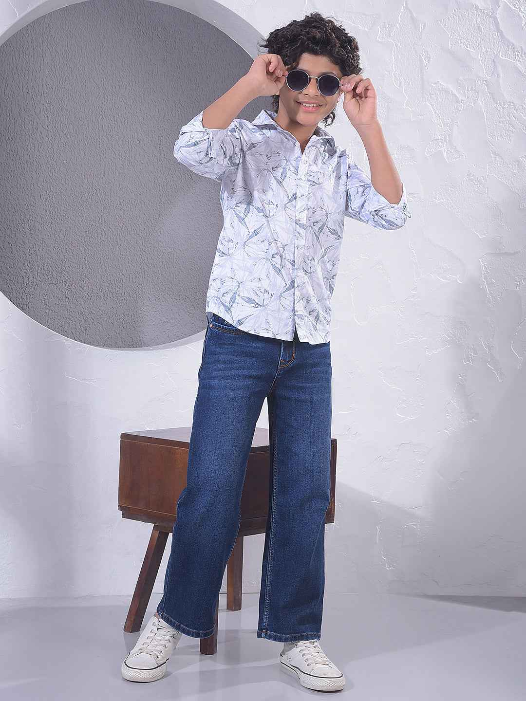 White Floral Print Modal Shirt