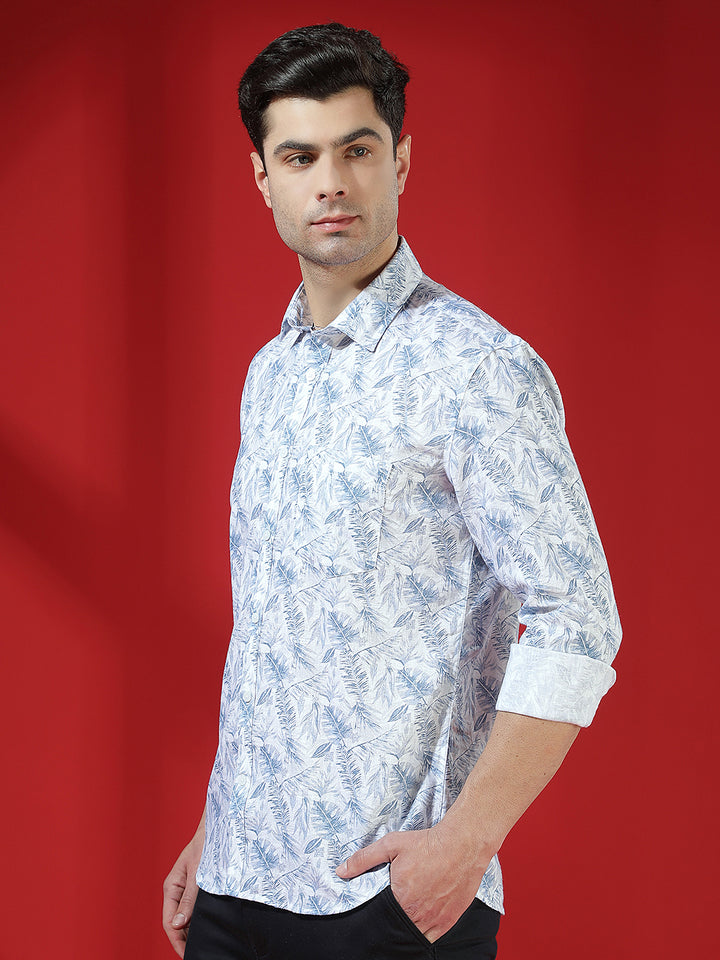 Beige Floral Print Linen Shirt