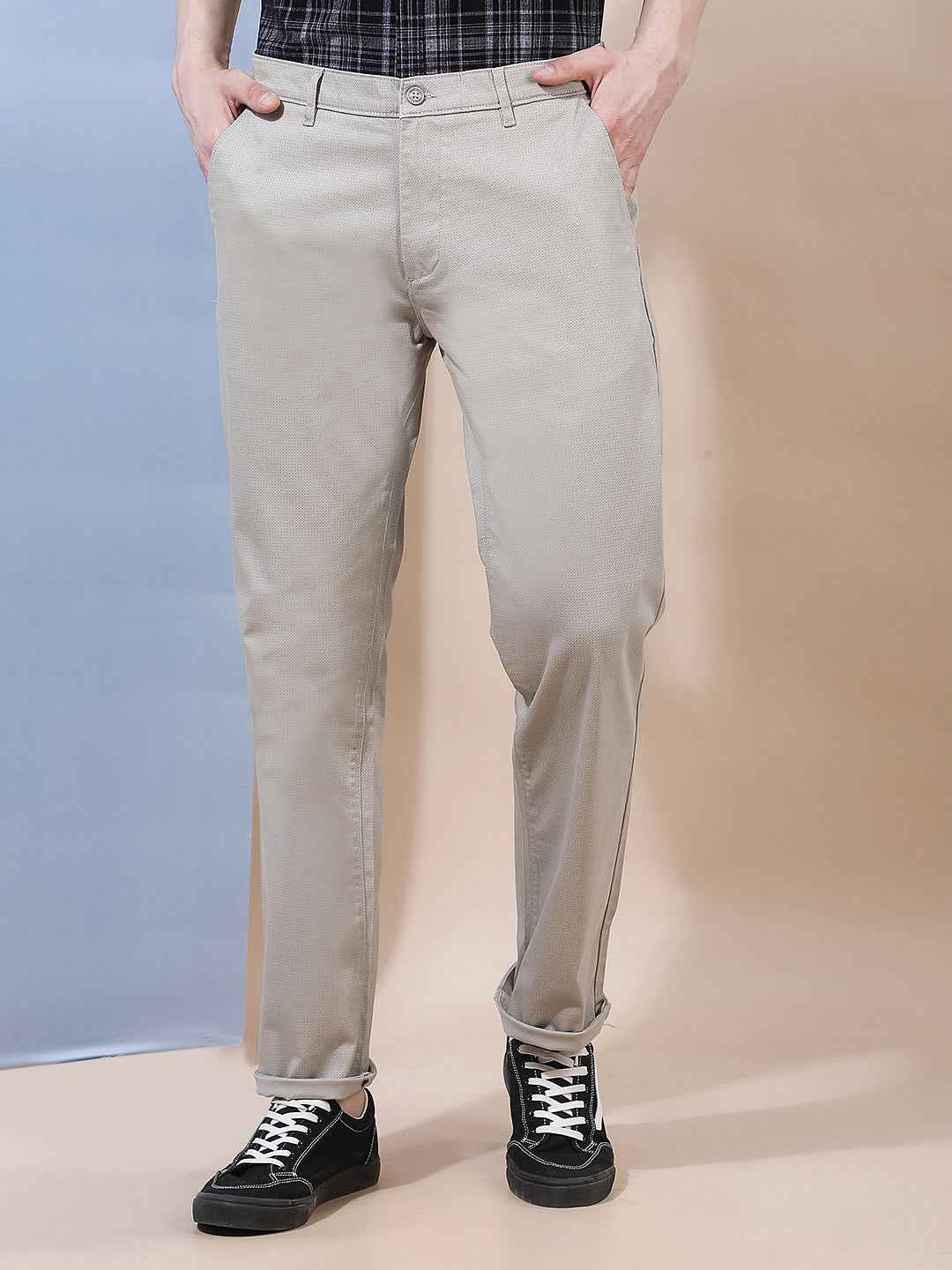 Beige Printed Straight Trousers