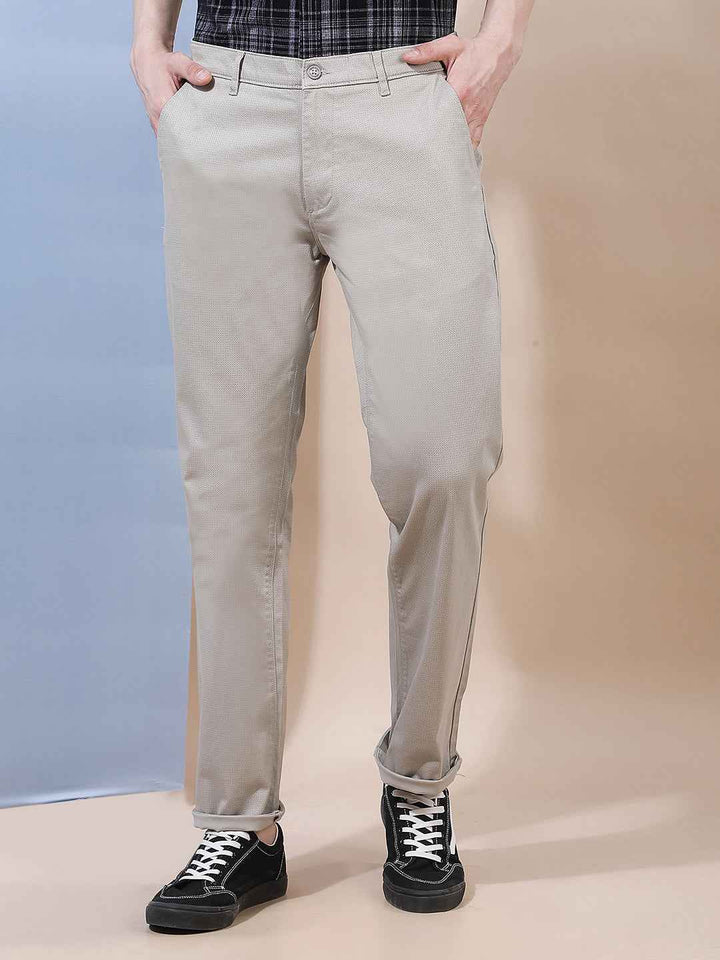 Beige Printed Straight Trousers