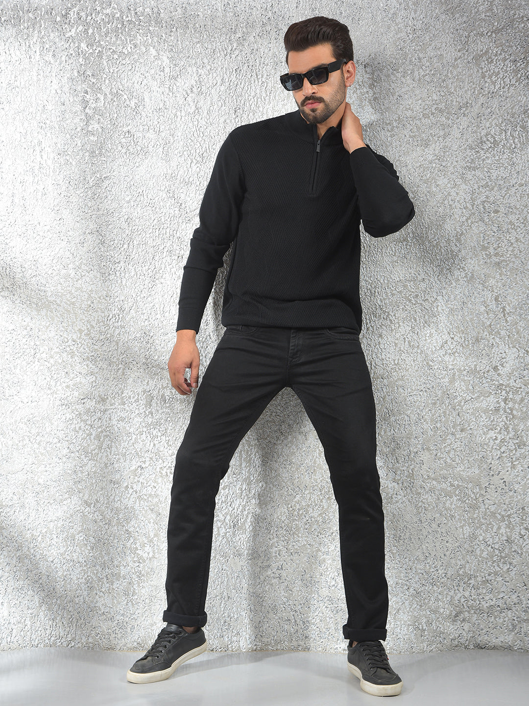 Black Jacquard 100% Cotton Sweater