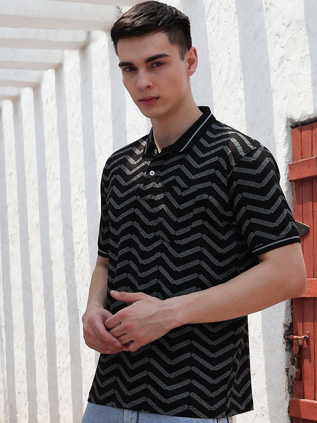 Black Printed Polo Neck 100% Cotton T-Shirt