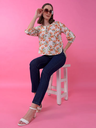 Peach Floral Print Tie-Up Top