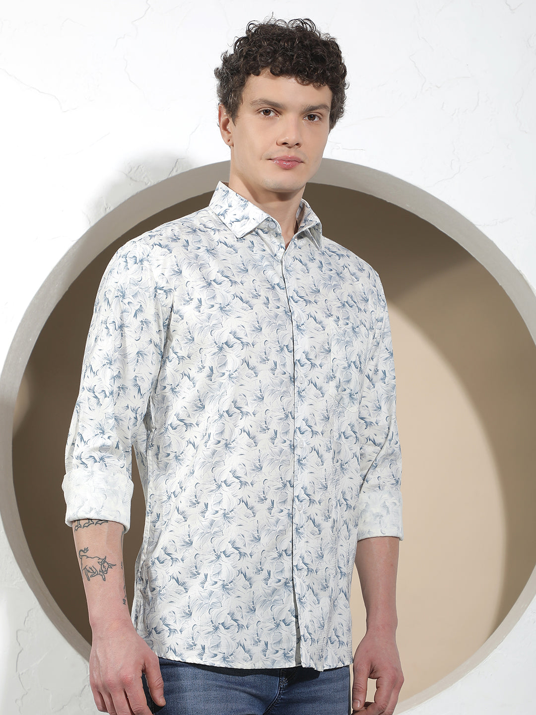Blue Floral Print 100% Cotton Shirt