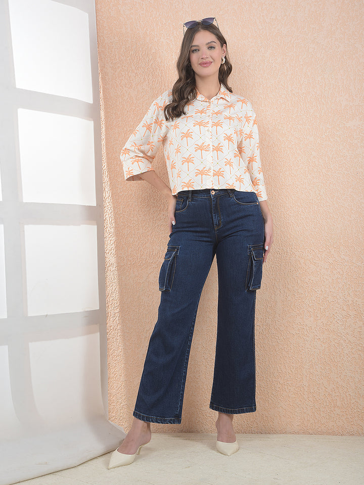 Printed Orange Crop Shirt With Extended Sleeves