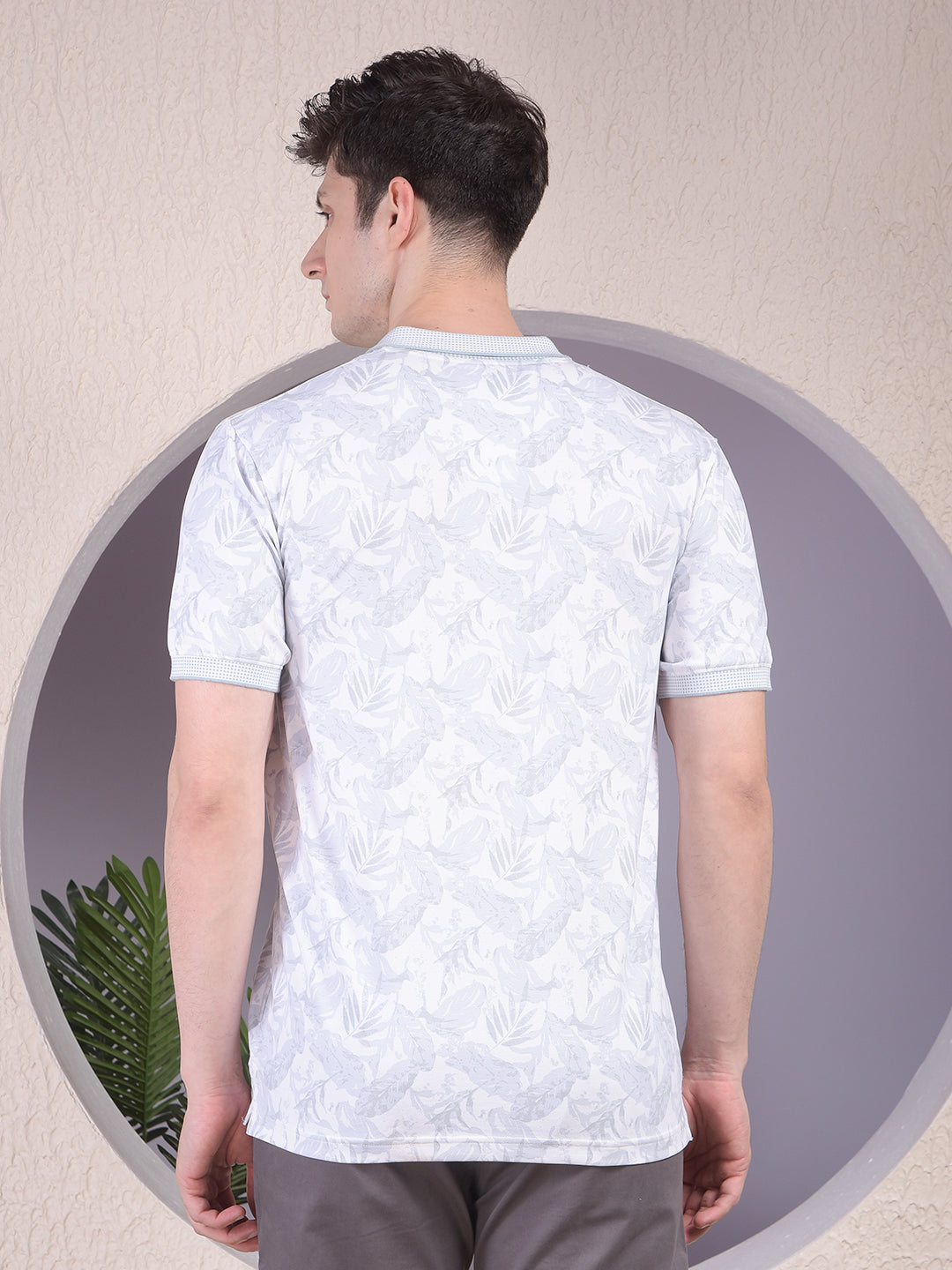 Grey Floral Print Polo-Neck T-Shirt
