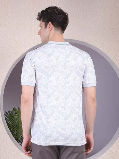 Grey Floral Print Polo-Neck T-Shirt