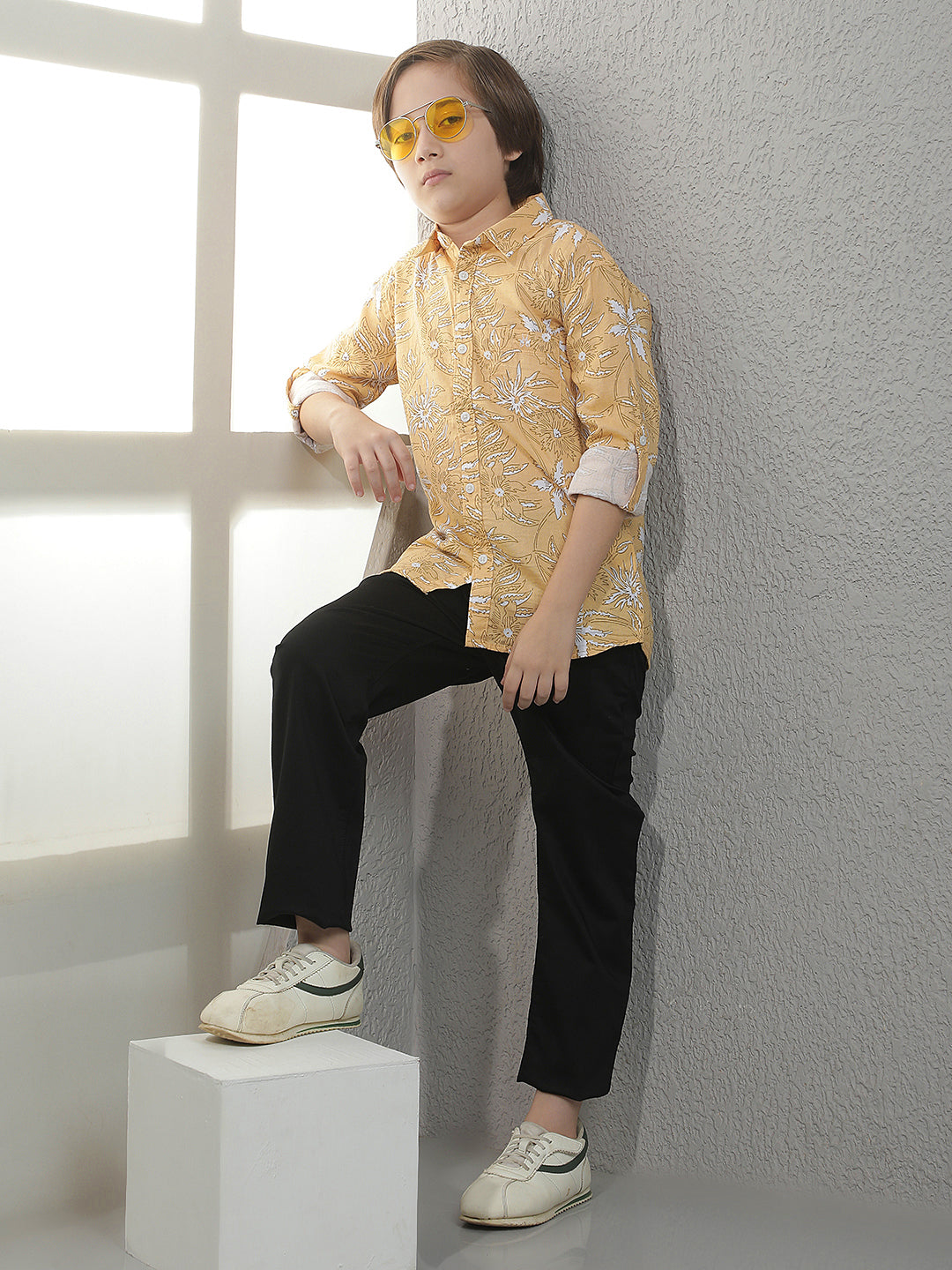 Tan Floral Print 100% Cotton Shirt