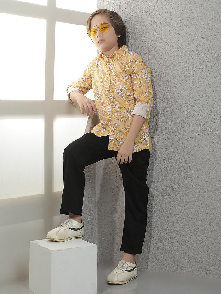 Tan Floral Print 100% Cotton Shirt