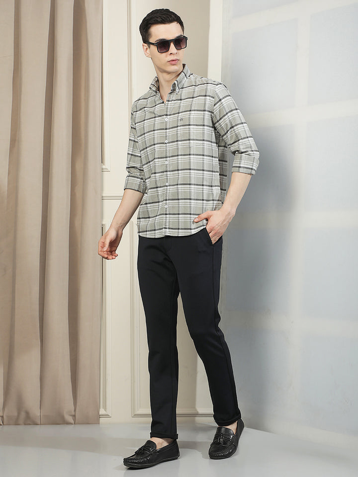 Grey Checked Button-Down Collar 100% Cotton Shirt