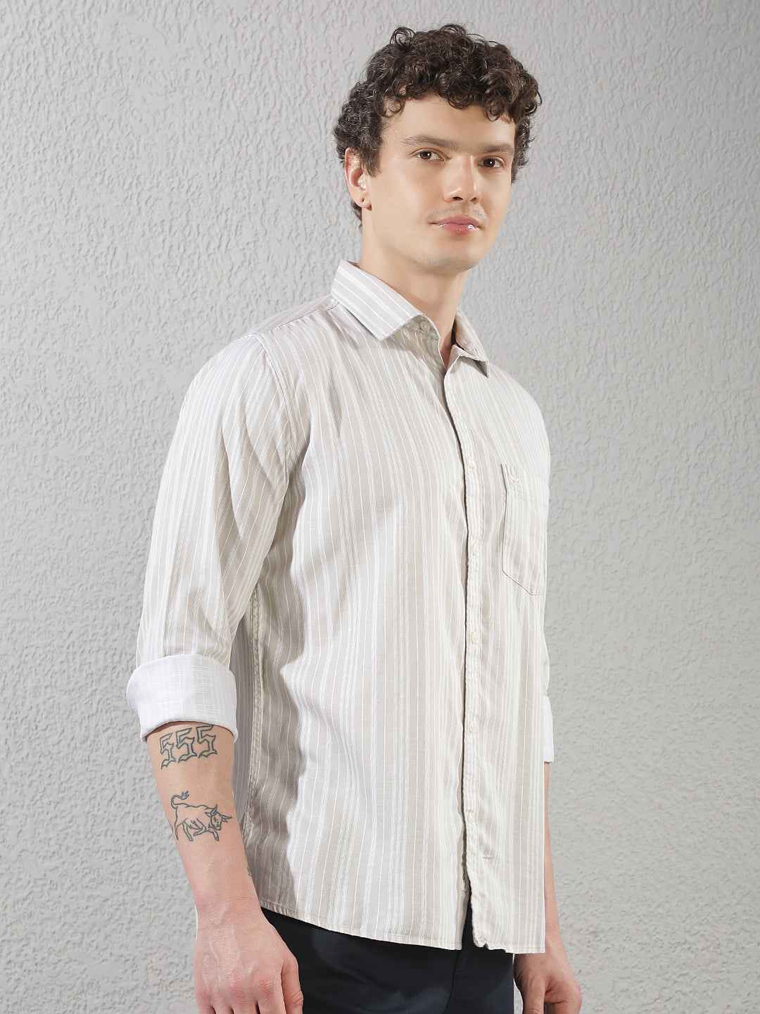 Beige Vertical Stripes Shirt