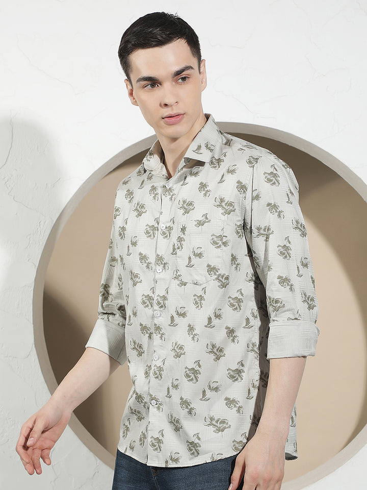 Grey Floral Print 100% Cotton Shirt