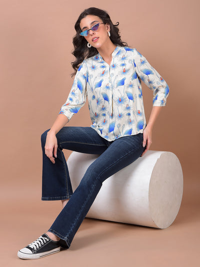 Blue Floral Print V-Neck Top