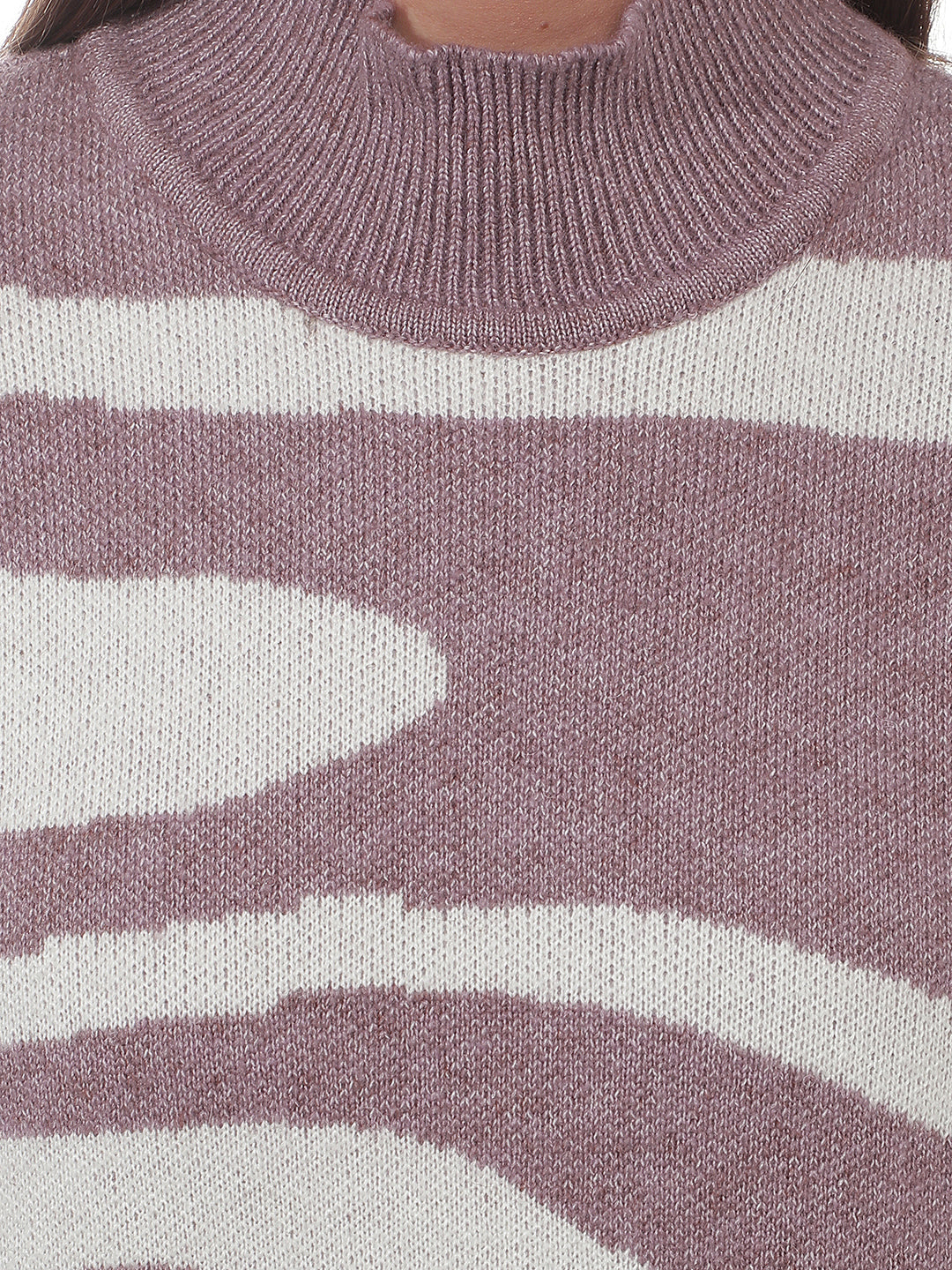 Purple Jacquard High Neck Acrylic Sweater