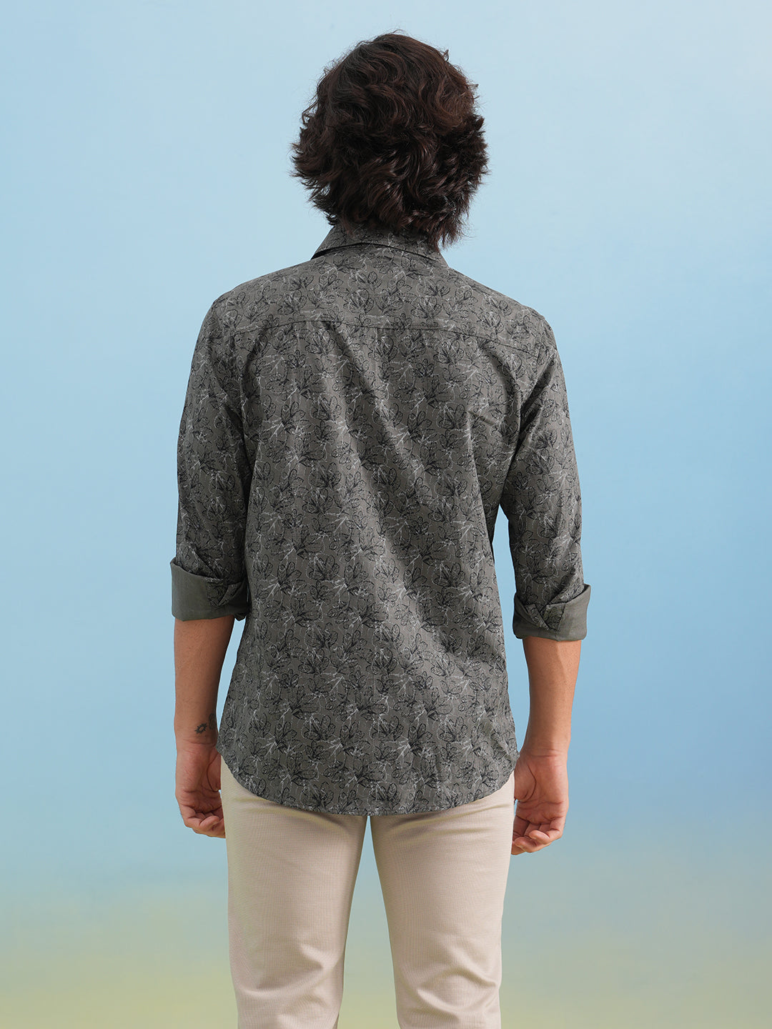 Grey Floral Print 100% Cotton Shirt