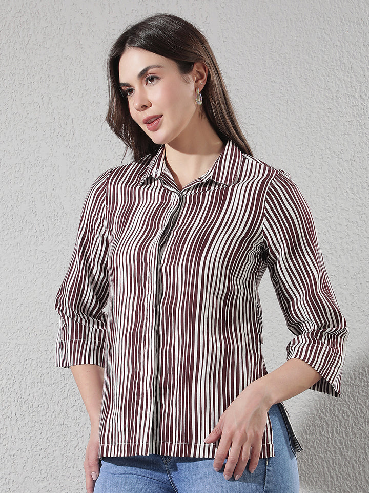Maroon Vertical Striped 100% Cotton Shirt