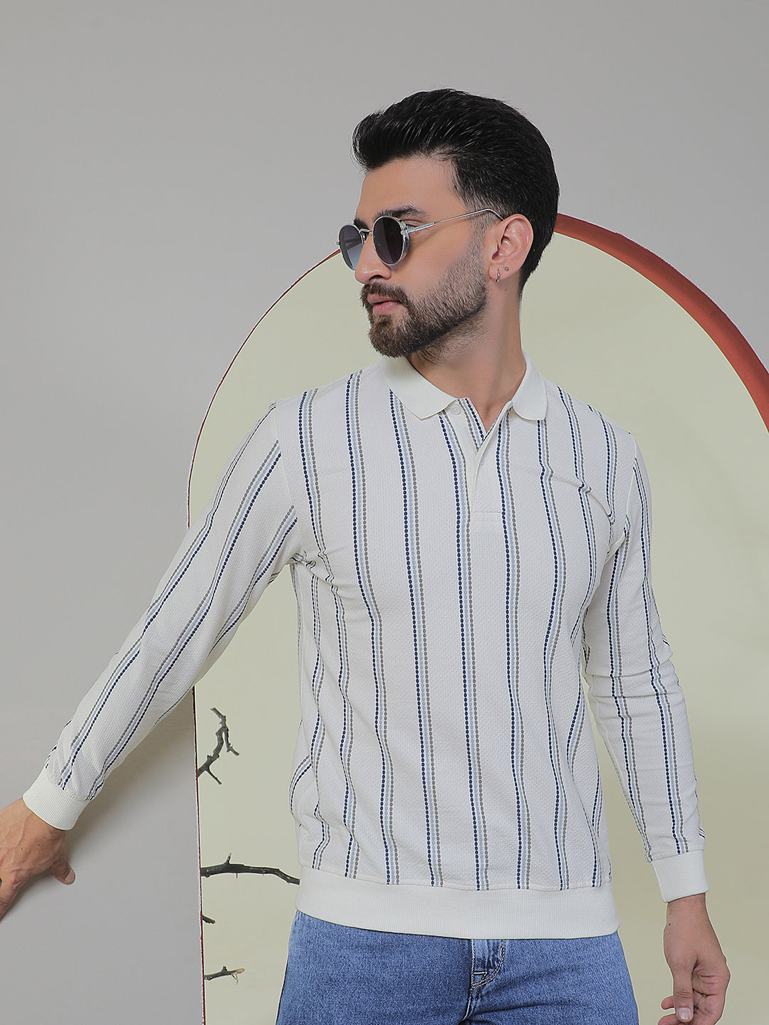 Off White Striped Polo Neck T-Shirt