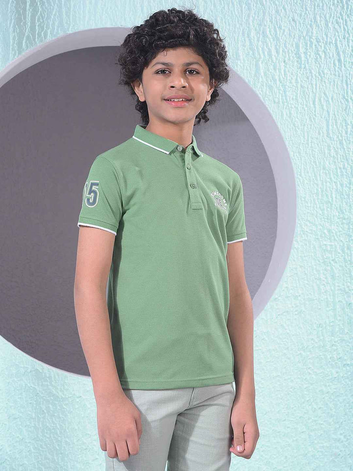 Green Typographic Print Polo Neck T-Shirt