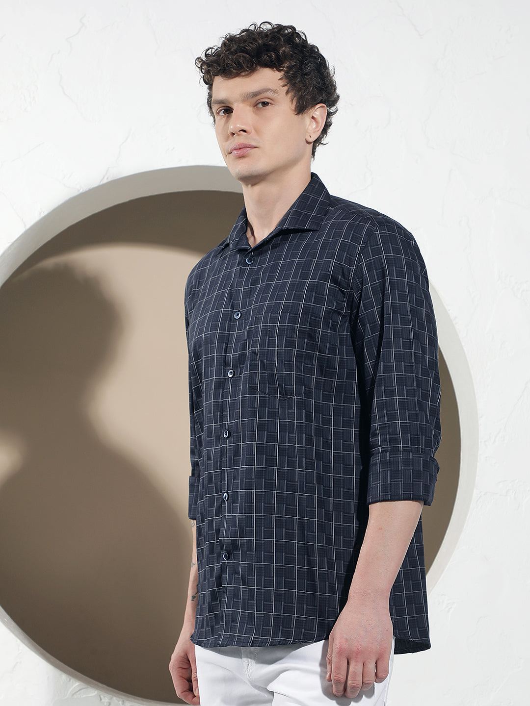 Navy Blue Checked 100% Cotton Shirt