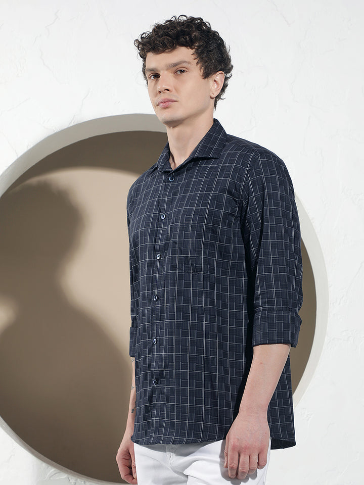 Navy Blue Checked 100% Cotton Shirt