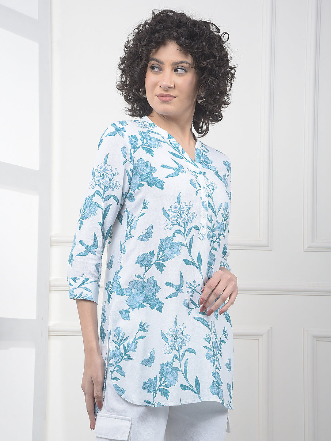 Green Floral Print V-Neck Linen Top