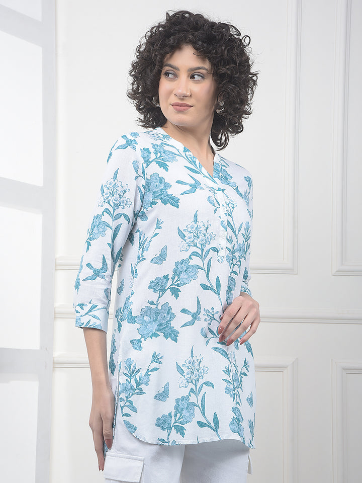 Green Floral Print V-Neck Linen Top