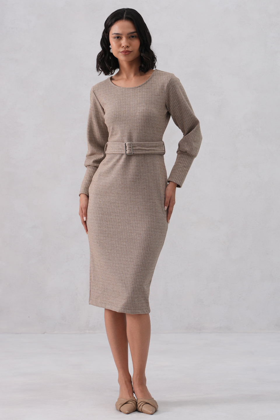 Beige Vertical Stripes Winter Bodycon Belted-Dress