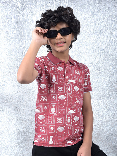 Pink Printed Polo Neck T-Shirt