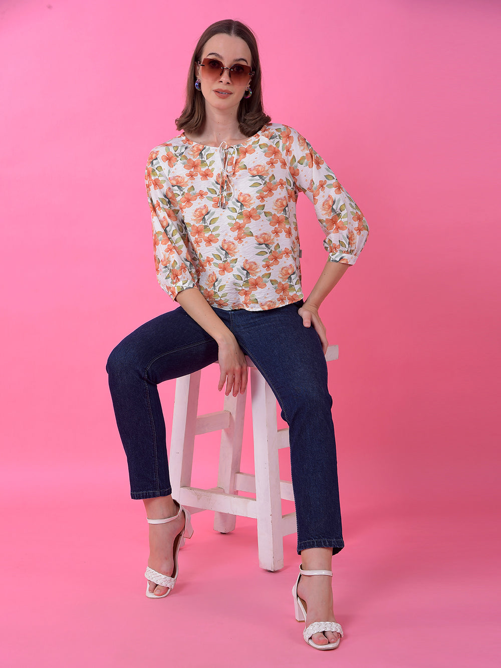 Peach Floral Print Tie-Up Top
