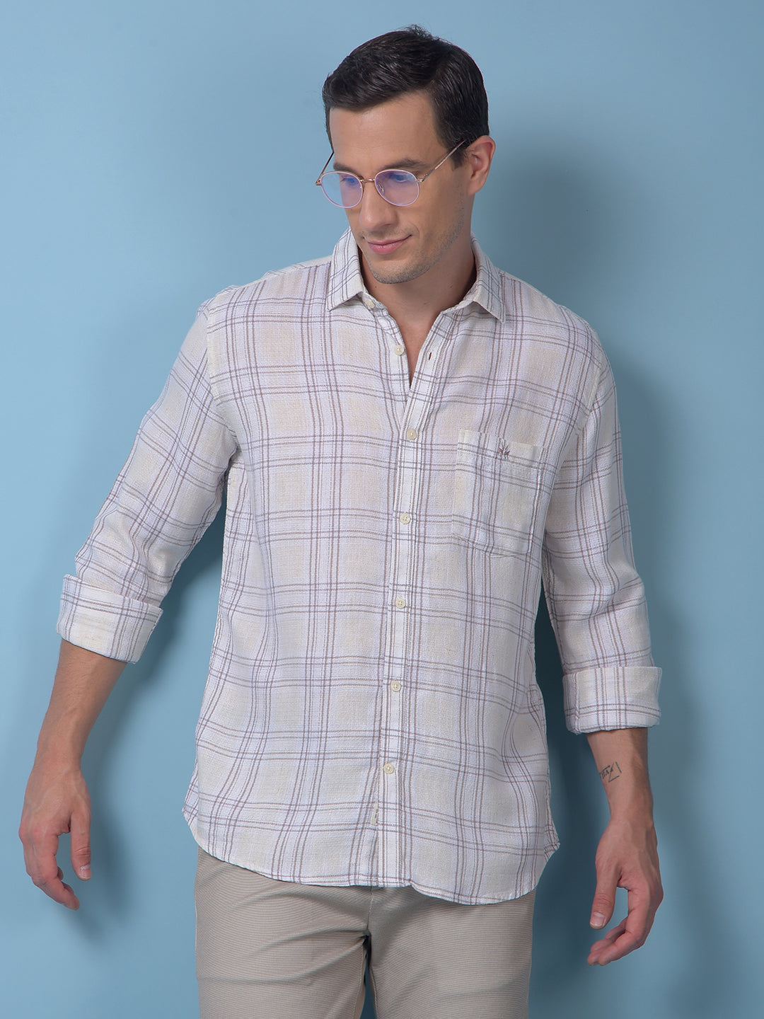 Off White Checked Linen Shirt