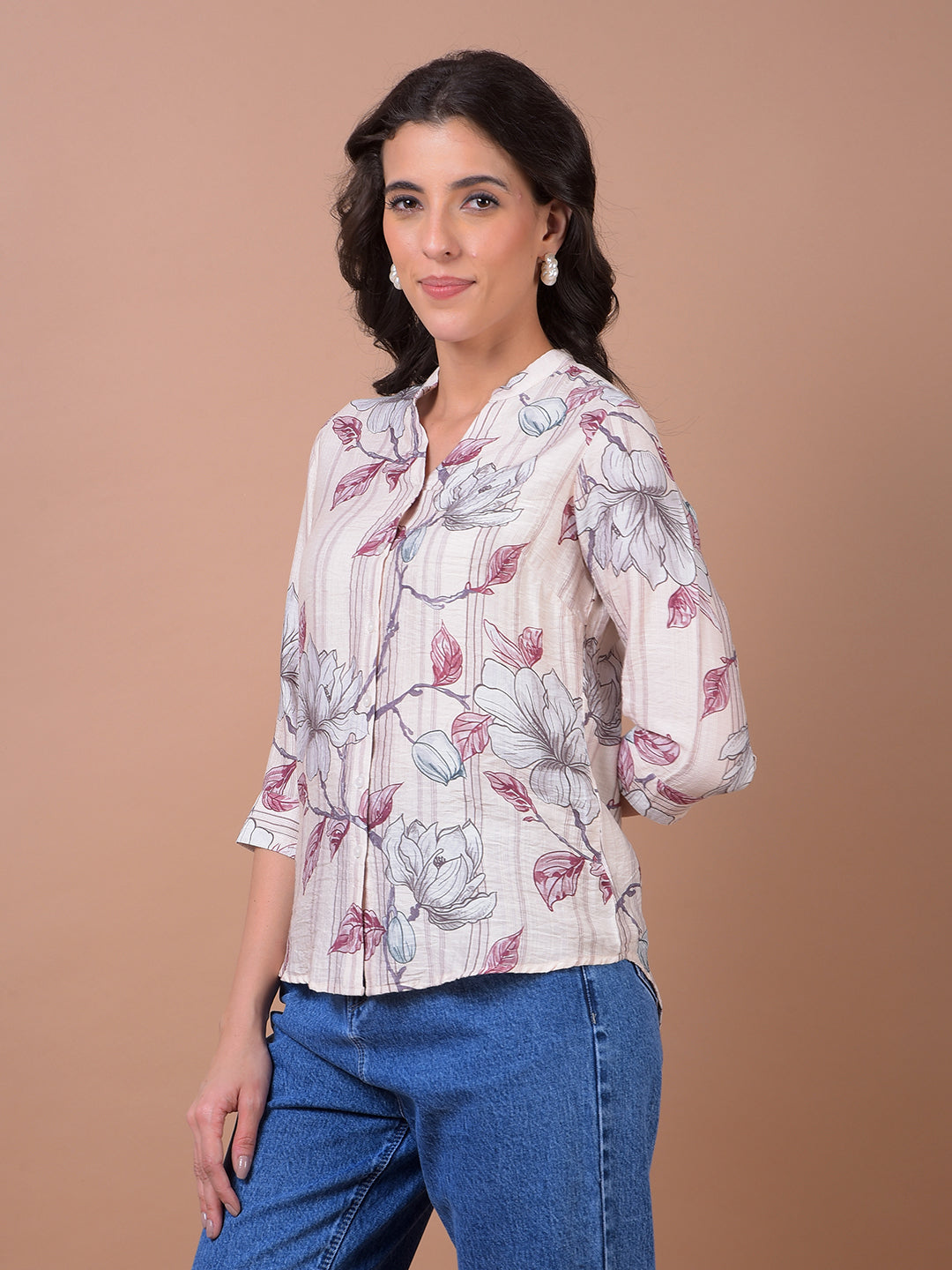 Maroon Floral Print V-Neck Shirt