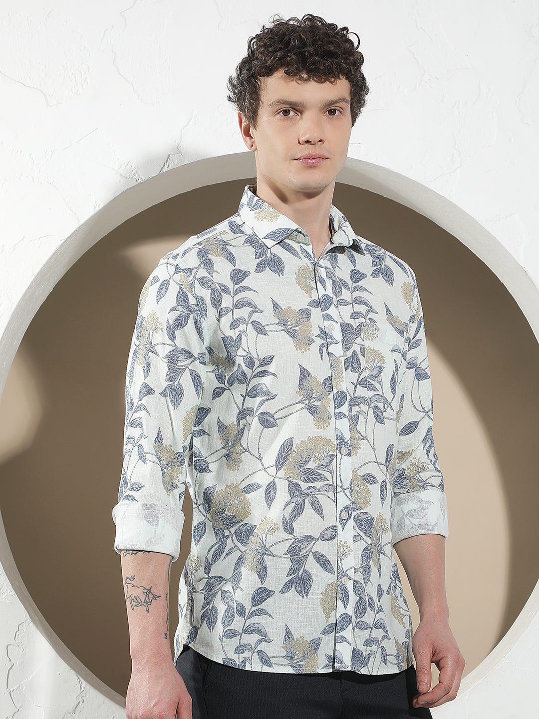 Blue Botanical Print Linen Shirt