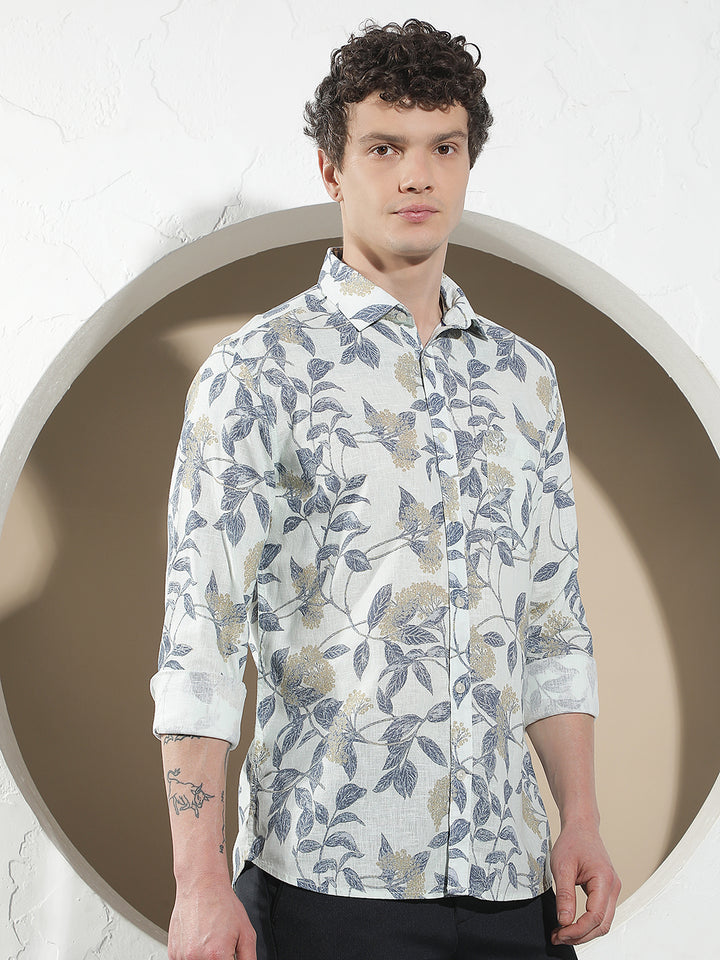 Blue Botanical Print Linen Shirt
