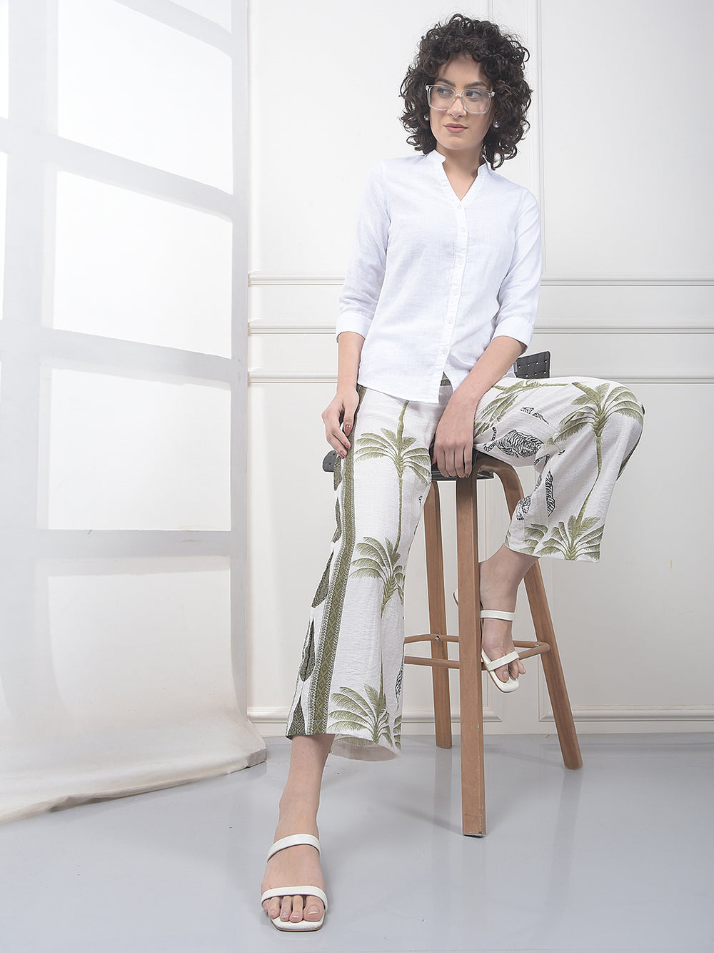 Green Floral Print Wide Leg Casual Trousers