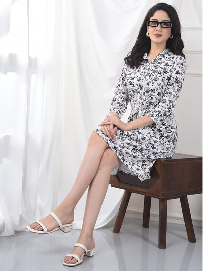 White Floral Print Mini Shirt Dress with Belt-Women Dress-Crimsoune Club