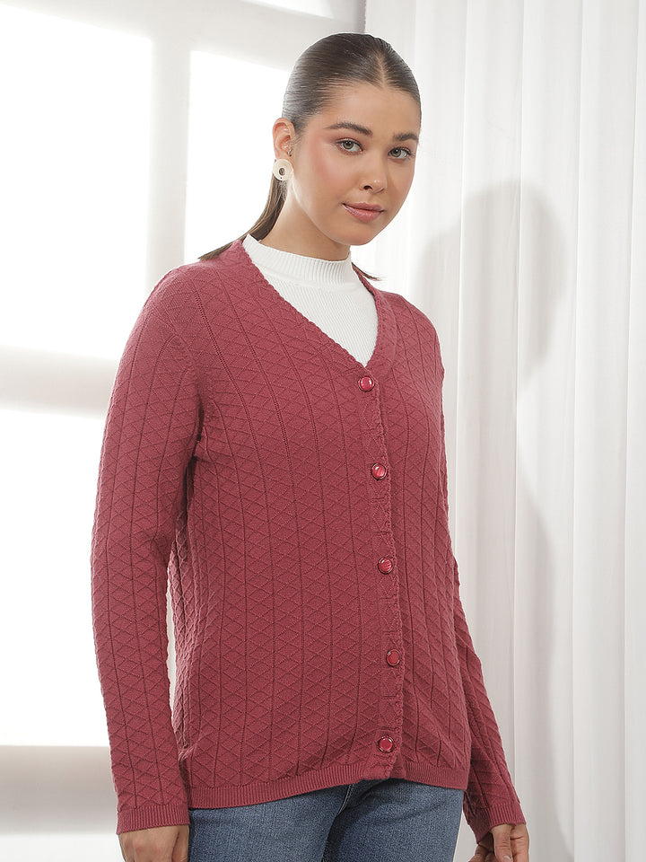 Red Jacquard V-Neck Cardigan