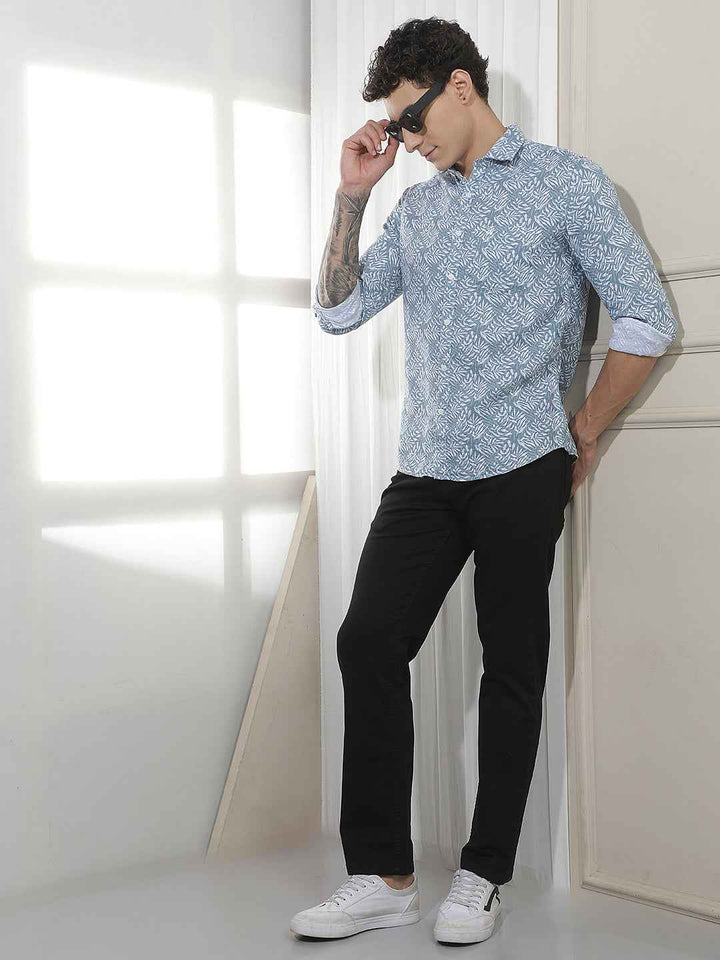 Blue Botanical Print 100% Cotton Shirt