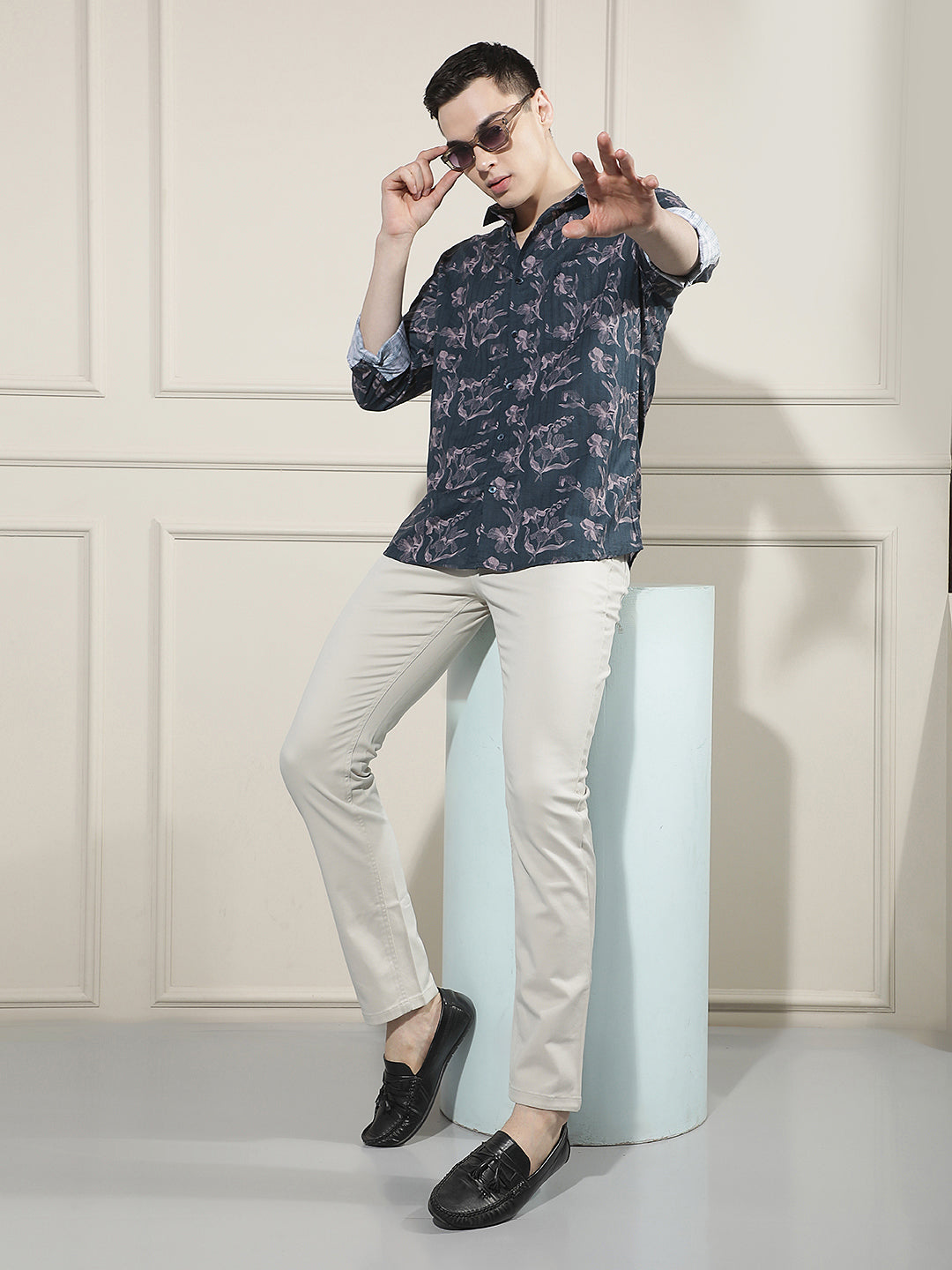 Navy Blue Floral Print Shirt