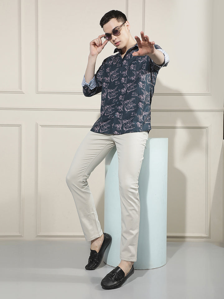 Navy Blue Floral Print Shirt