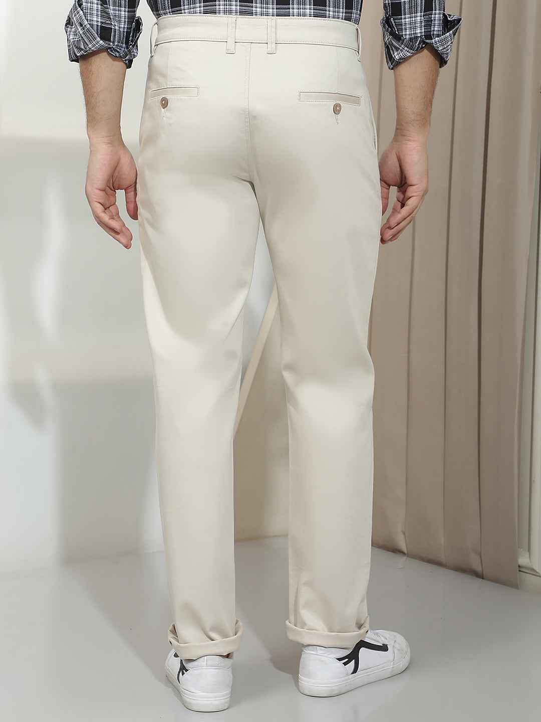 Beige Dobby Straight Trousers