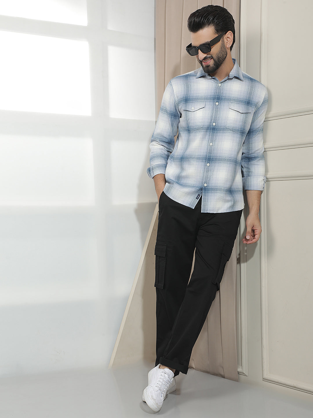 Blue Checked 100% Cotton Double Pocket Shirt